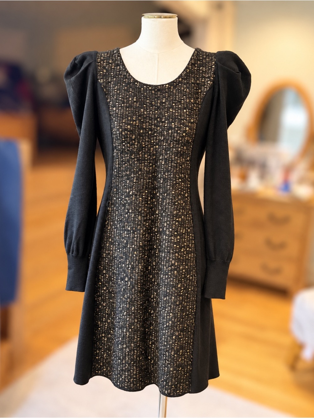 Black Gold Wool Blend Puff Sleeve Mini Dress